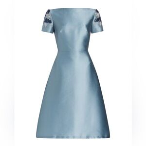 REEM ACRA Flared Bead-embellished Short sleeves Dress In Sky Blue